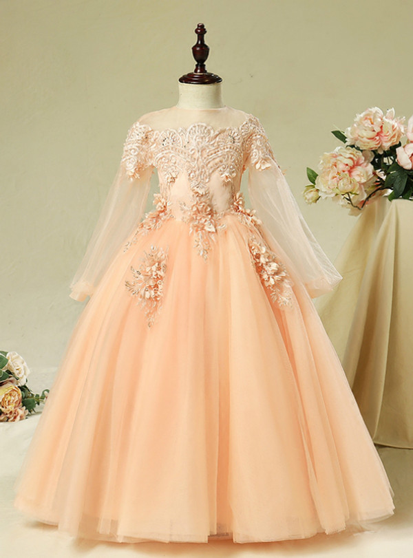 Orange Tulle Long Sleeve Appliques Long Flower Girl Dress