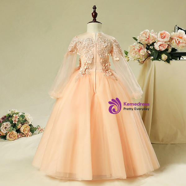 Orange Tulle Long Sleeve Appliques Long Flower Girl Dress