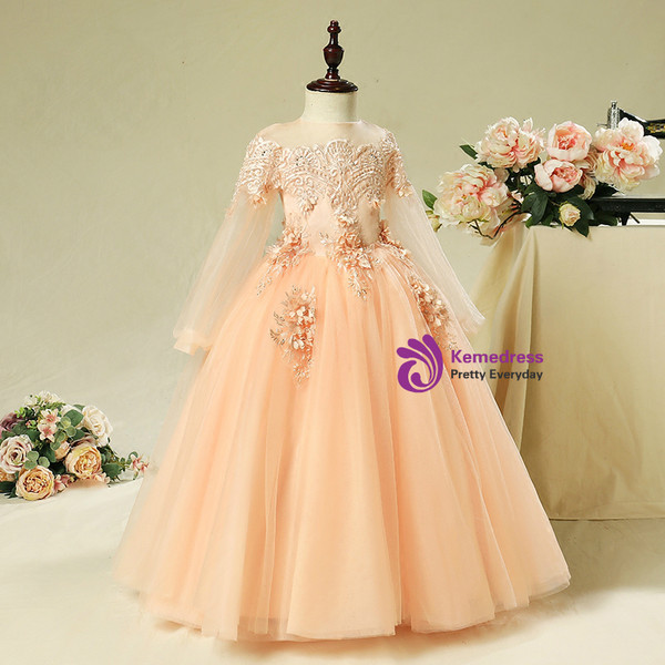 Orange Tulle Long Sleeve Appliques Long Flower Girl Dress