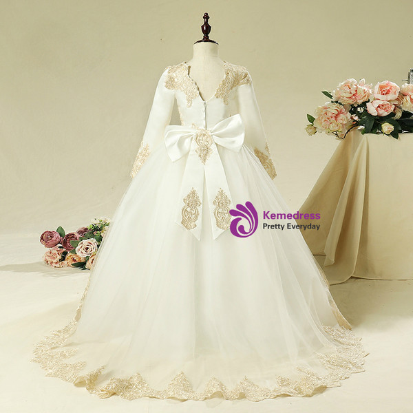 White Tulle Gold Appliques Long Sleeve Flower Girl Dress With Bow