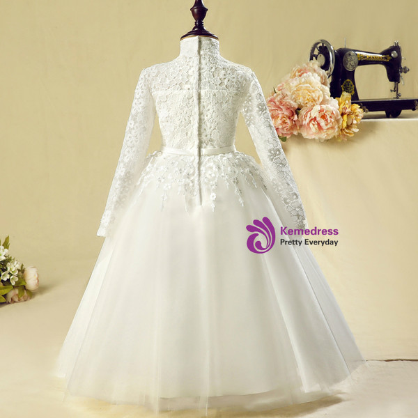 White Tulle Lace High Neck Long Sleeve Appliques Flower Girl Dress