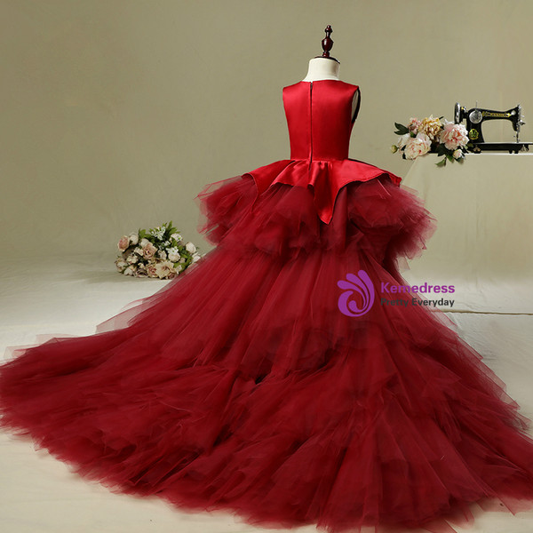 Burgundy Tulle Satin Hi Lo  Embroidery Flower Girl Dress