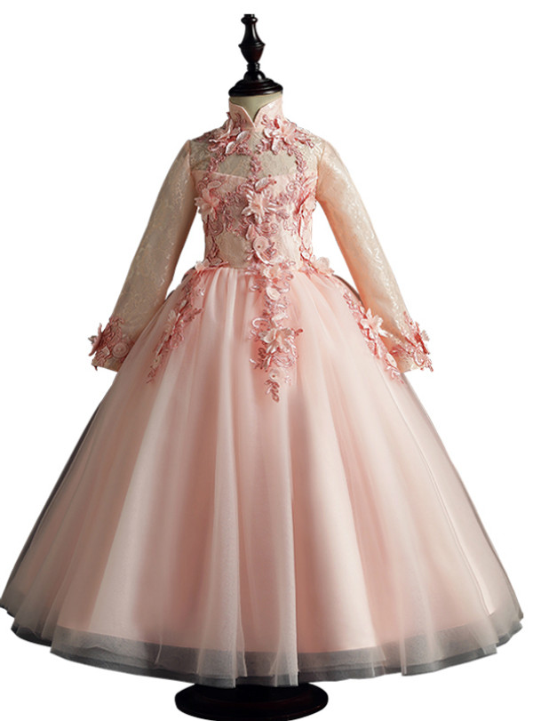 Pink Tulle Long Sleeve High Neck Appliques Flower Girl Dress