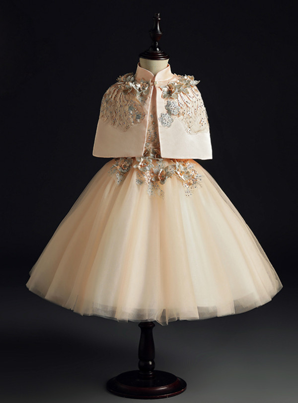 Champagne Tulle Dress And Cloak Two Piece Appliques Flower Girl Dress