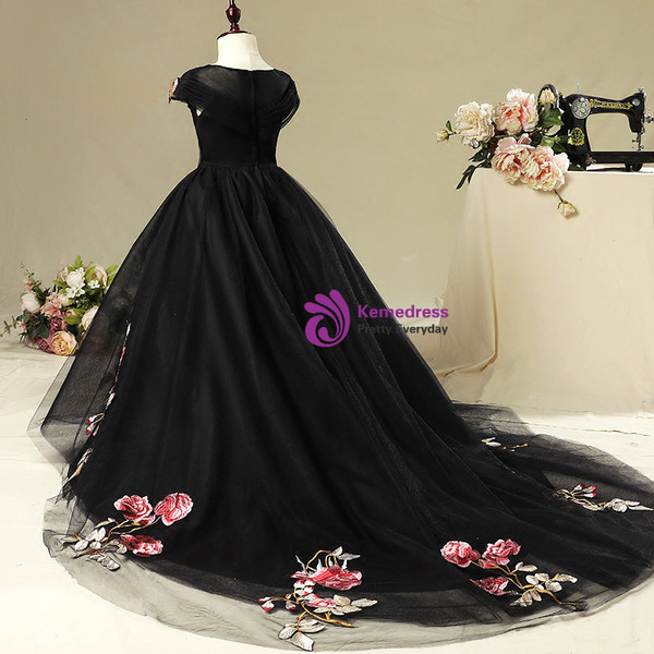 Black Tulle Cap Sleeve Embroidery Appliques Flower Girl Dress