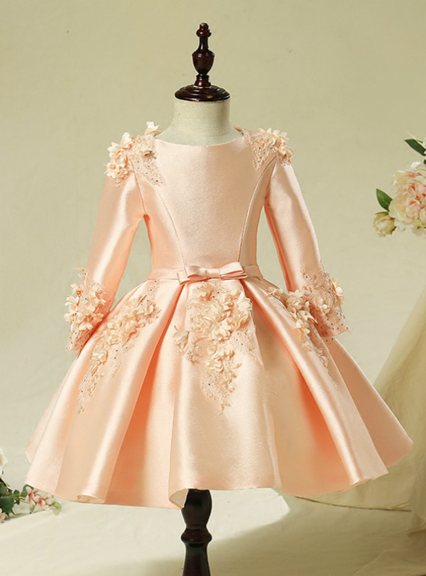 Pink Satin Appliques Long Sleeve Appliques Short Flower Girl Dress