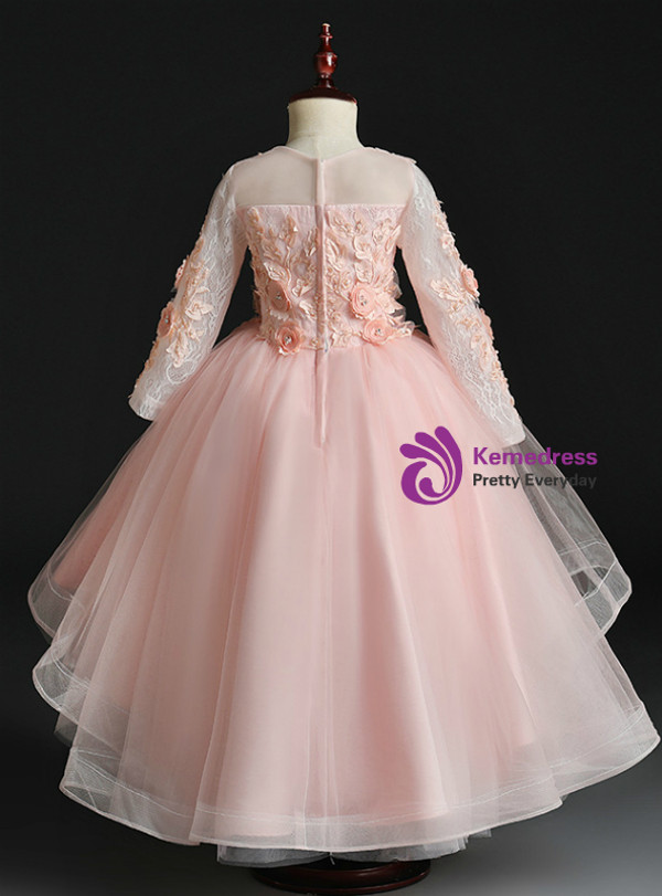 Pink Tulle Butterfly Appliques Long Sleeve Flower Girl Dress
