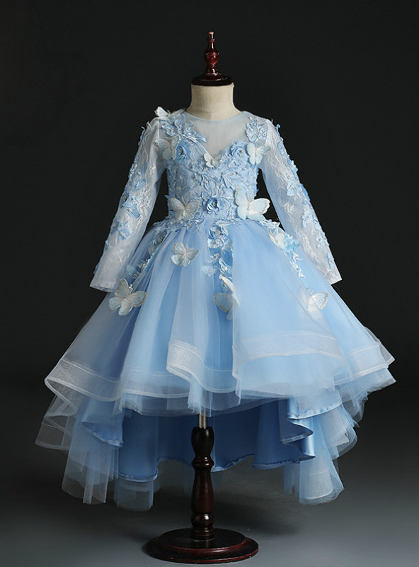 Pink Tulle Butterfly Appliques Long Sleeve Flower Girl Dress