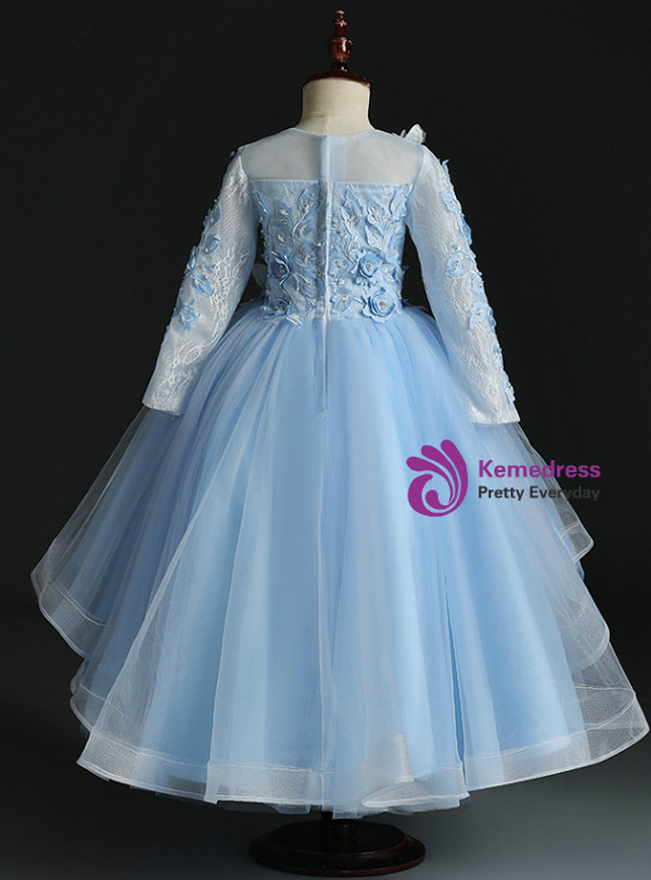 Pink Tulle Butterfly Appliques Long Sleeve Flower Girl Dress