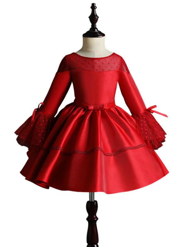 Red Satin Long Sleeve Scoop Neck Flower Girl Dress With Bow