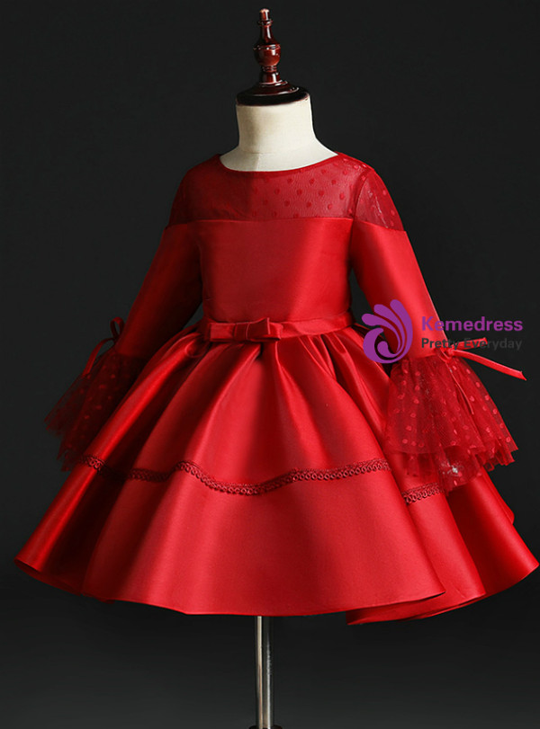 Red Satin Long Sleeve Scoop Neck Flower Girl Dress With Bow