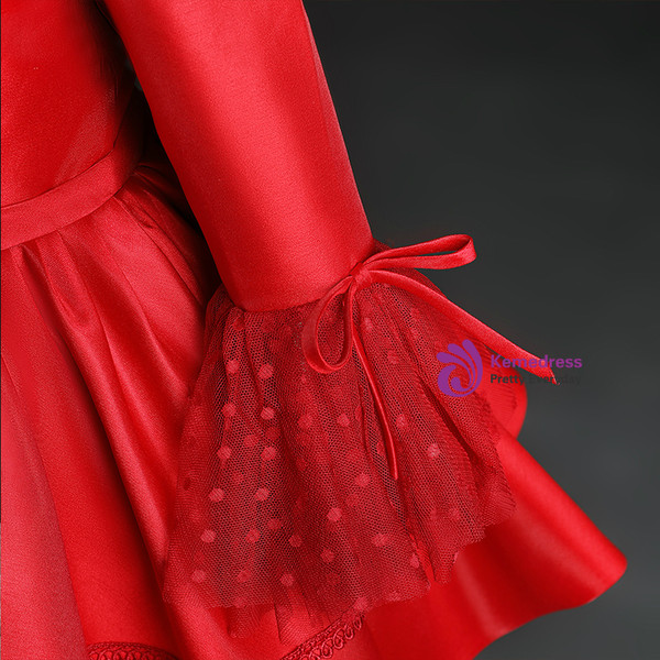 Red Satin Long Sleeve Scoop Neck Flower Girl Dress With Bow
