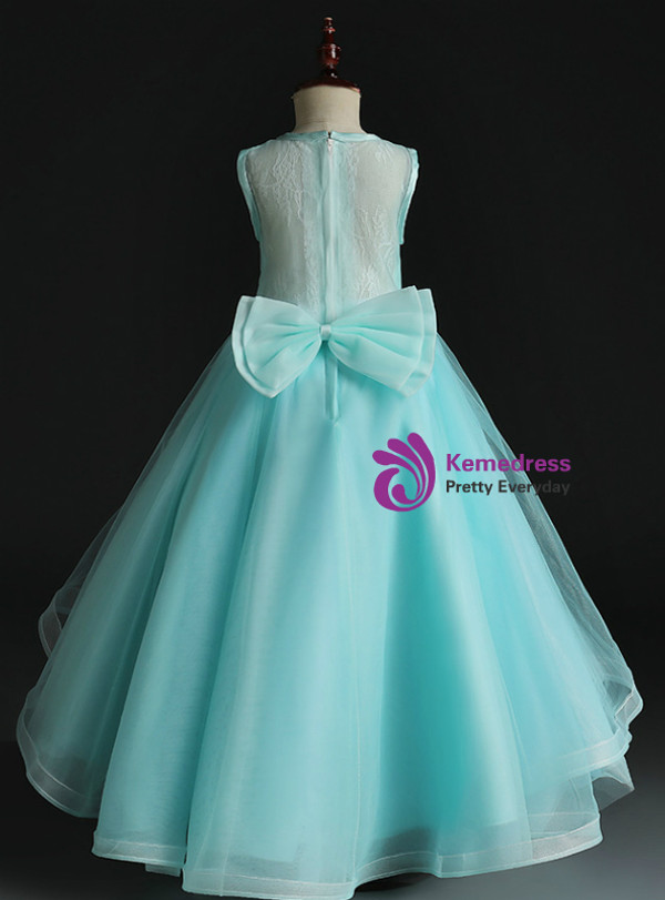 Blue Tulle Hi Lo Appliques Flower Girl Dress With Bow
