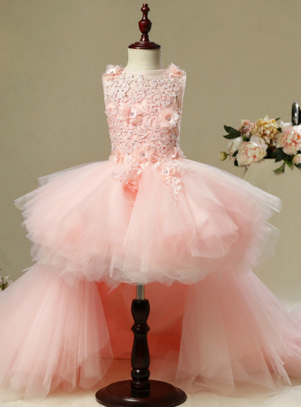 A-Line Pink Hi Lo Tulle Appliques Flower Girl Dress