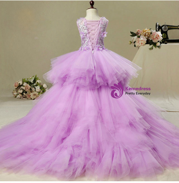 A-Line Pink Hi Lo Tulle Appliques Flower Girl Dress
