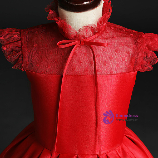 Red Satin High Neck Cap Sleeve Flower Girl Dress