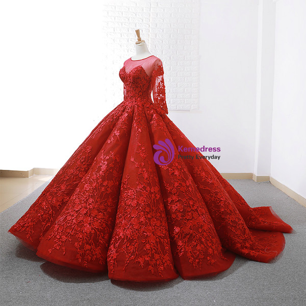 Red Ball Gown Long Sleeve Backless Appliques Wedding Dress