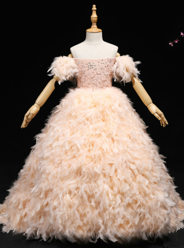 Pink Ball Gown Off The Shoulder Appliques Flower Girl Dress With Feather