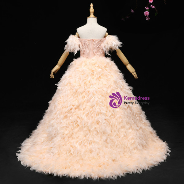 Pink Ball Gown Off The Shoulder Appliques Flower Girl Dress With Feather