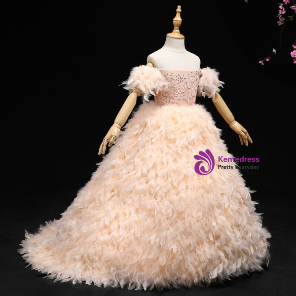 Pink Ball Gown Off The Shoulder Appliques Flower Girl Dress With Feather