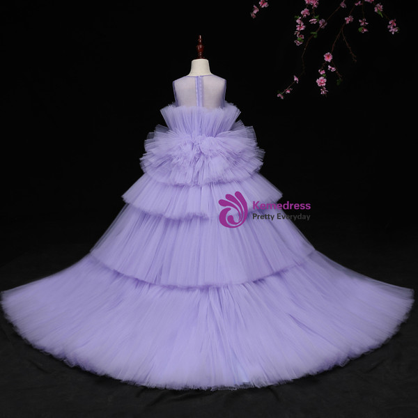 A-Line Purple Tulle Hi Lo Flower Girl Dress With Long Train