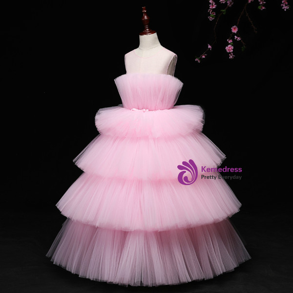 Pink Ball Gown Tulle Scoop Neck Long Flower Girl Dress