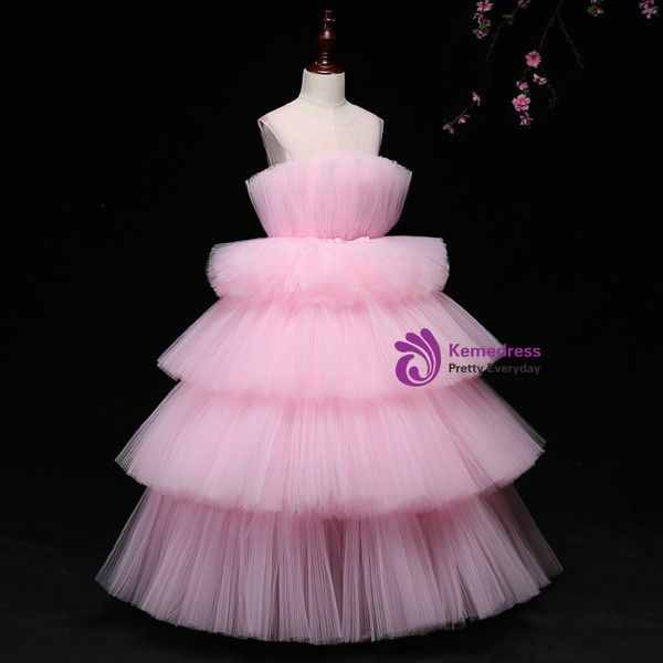 Pink Ball Gown Tulle Scoop Neck Long Flower Girl Dress