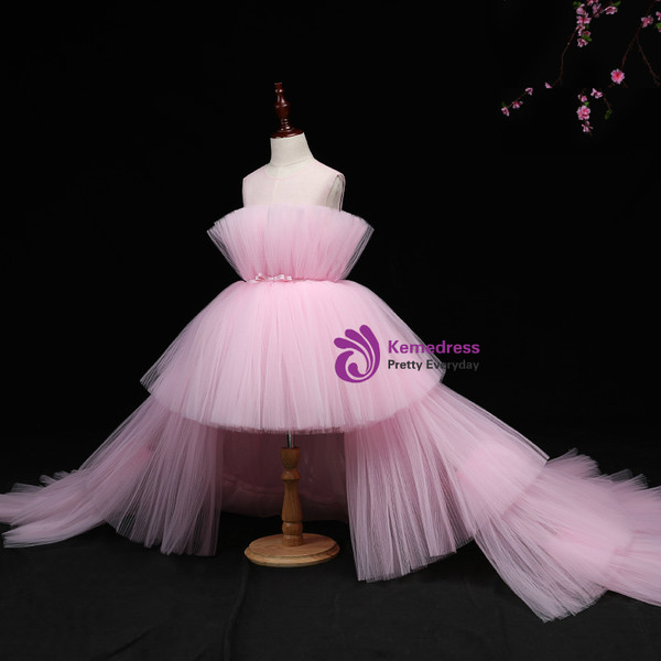 Pink Tulle Hi Lo Appliques Flower Girl Dress With Long Train