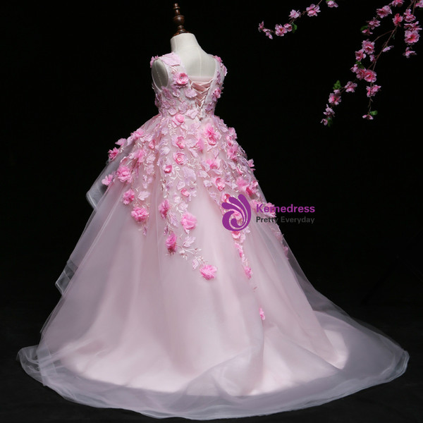 Pink Ball Gown Tulle Appliques Flower Girl Dress With Hand Flower
