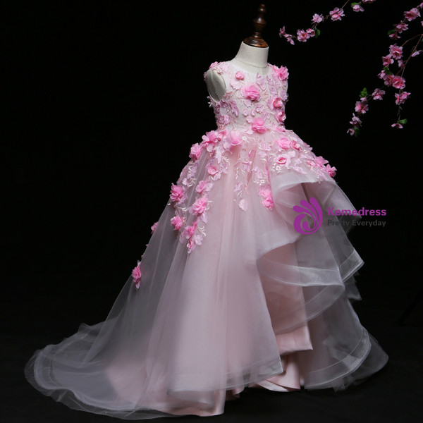 Pink Ball Gown Tulle Appliques Flower Girl Dress With Hand Flower