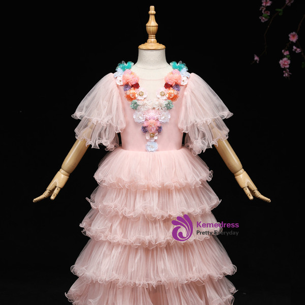 A-Line Pink Tulle Puff Sleeve Appliques Flower Girl Dress