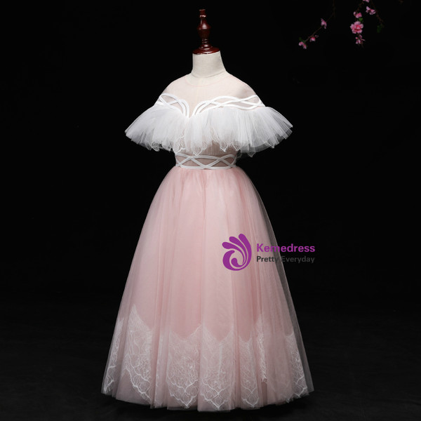 A-line Pink And White Tulle Long Flower Girl Dress