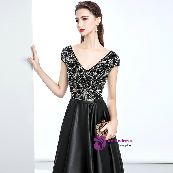 Black Satin Cap Sleeve Deep V-neck Backless Prom Dress With Beaded