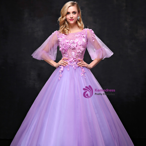 Purple Ball Gown Tulle Puff Sleeve Appliques Quinceanera Dresses
