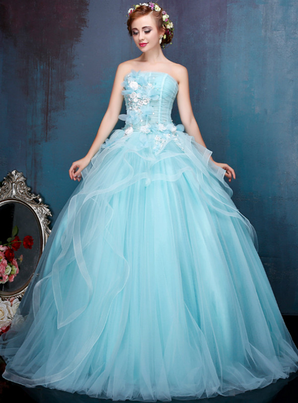 Blue Ball Gown Tulle Appliques Long Sweet 16 Dresses With Pearls