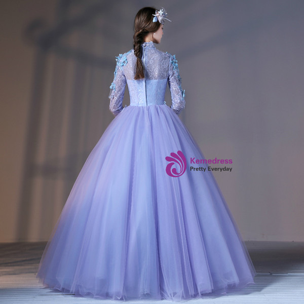 Purple Tulle Long Sleeve High Neck Appliques Quinceanera Dresses