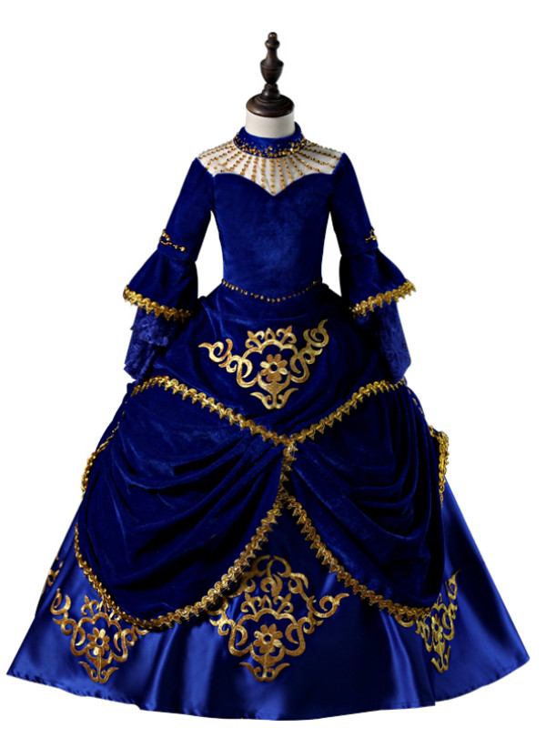 Royal Blue Velvet High Neck Long Sleeve Flower Girl Dress With Appliques