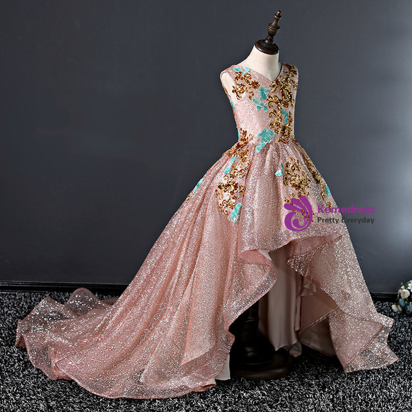 Pink Tulle Sequins Hi Lo Gold Appliques Flower Girl Dress