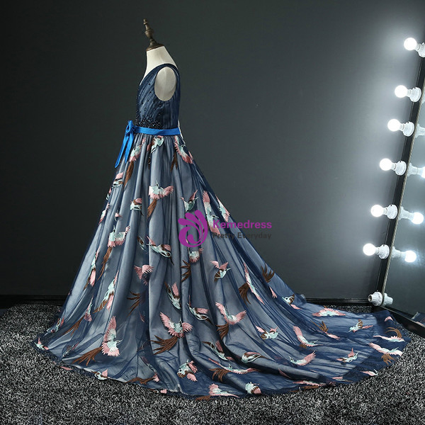 Blue Tulle Embroidery Bird V-neck Flower Girl Dress With Train