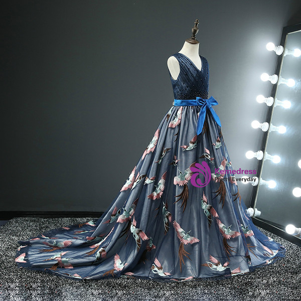 Blue Tulle Embroidery Bird V-neck Flower Girl Dress With Train