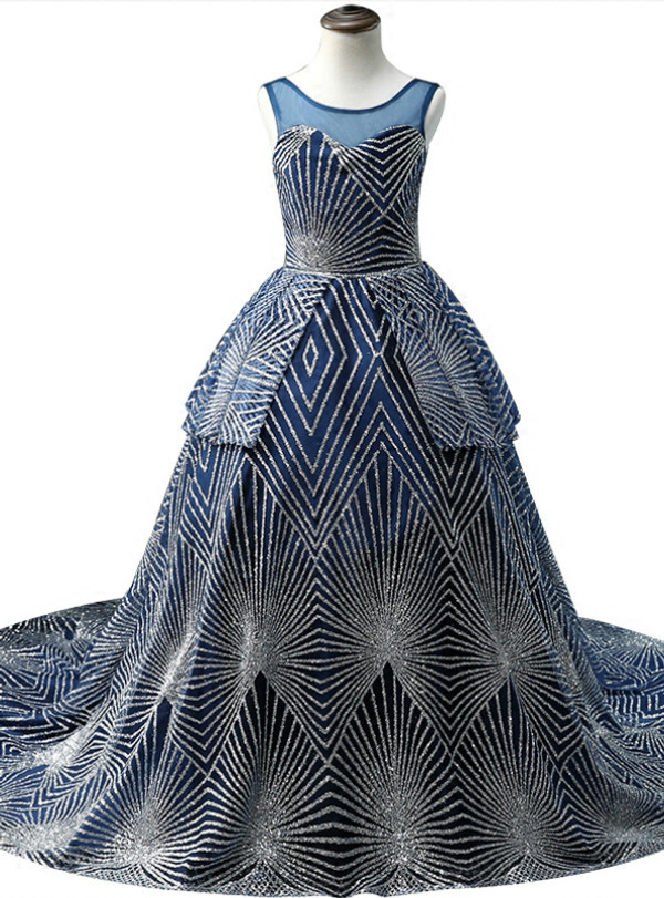 Blue Tulle Sequins Backless Long Princess Flower Girl Dress