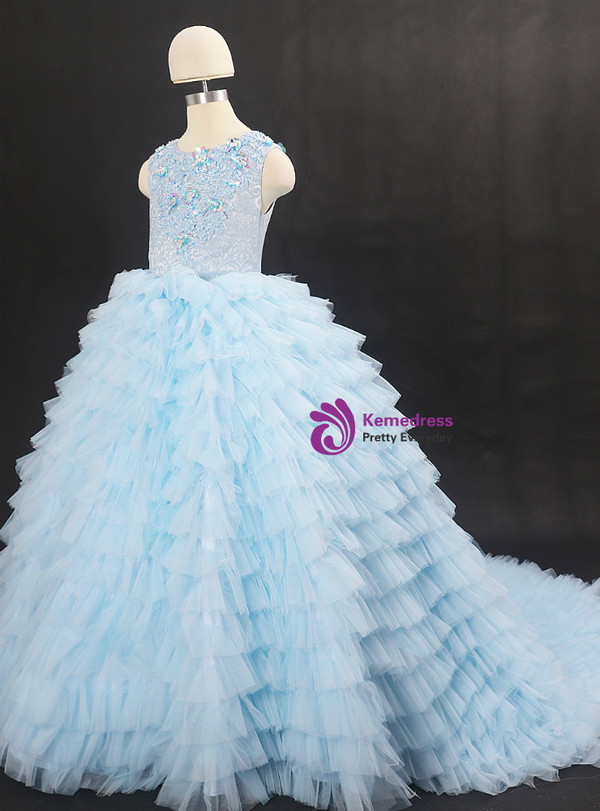 Sky Blue Ball Gown Tulle Appliques Flower Girl Dress