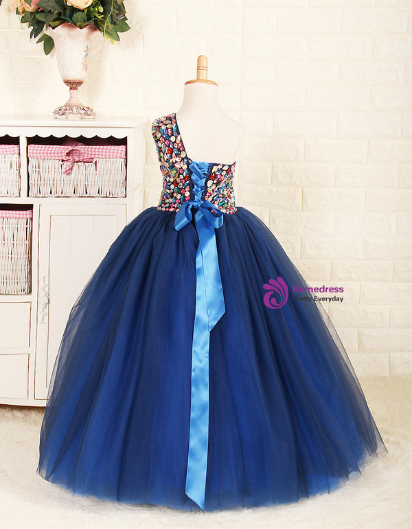 Navy Blue Tulle One Shoulder With Crystal Flower Girl Dress