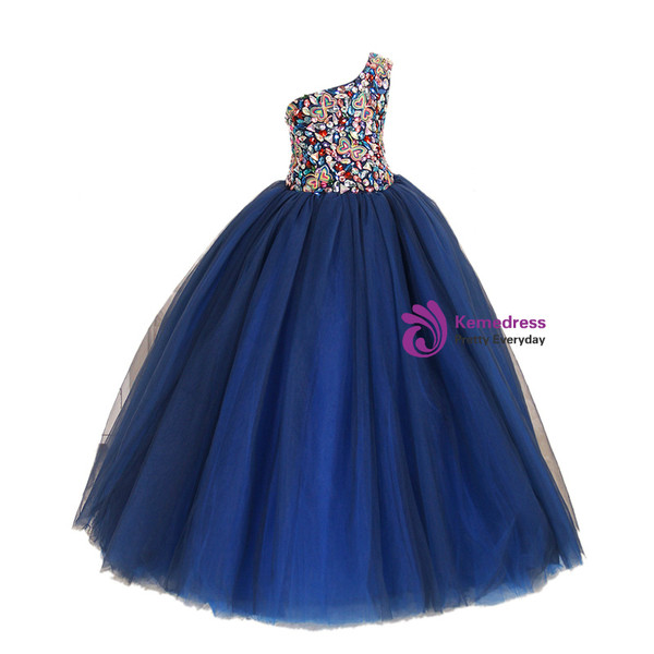 Navy Blue Tulle One Shoulder With Crystal Flower Girl Dress