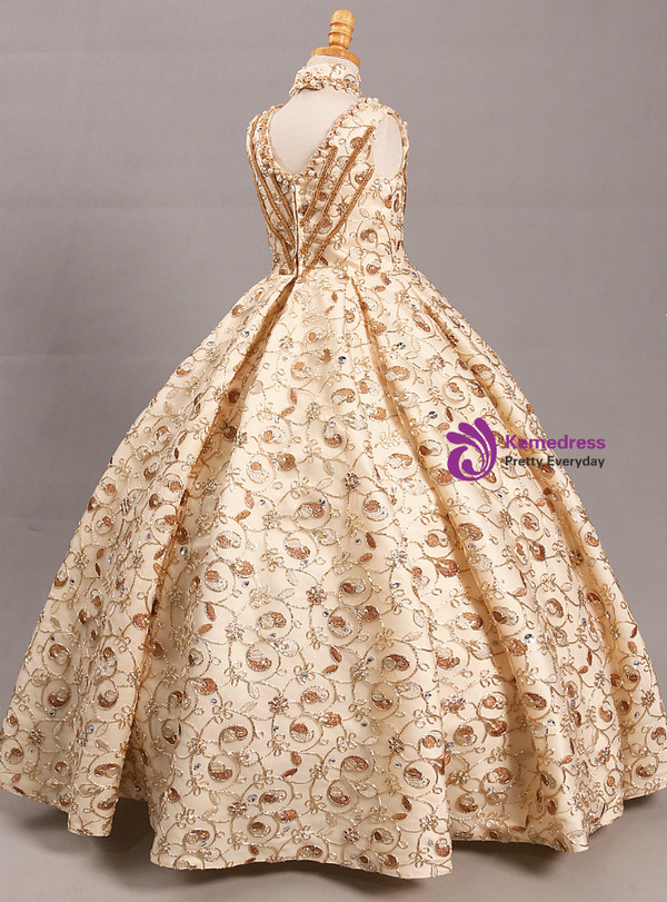 Apricot Ball Gown V-neck Gold Lace Appliques Flower Girl Dress