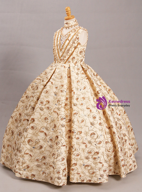 Apricot Ball Gown V-neck Gold Lace Appliques Flower Girl Dress