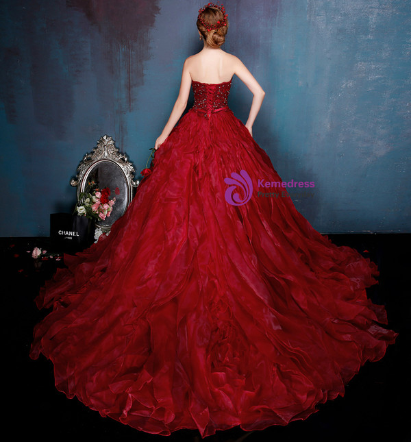 Burgundy Ball Gown Organza Sweetheart Neck Applqiues Wedding Dress