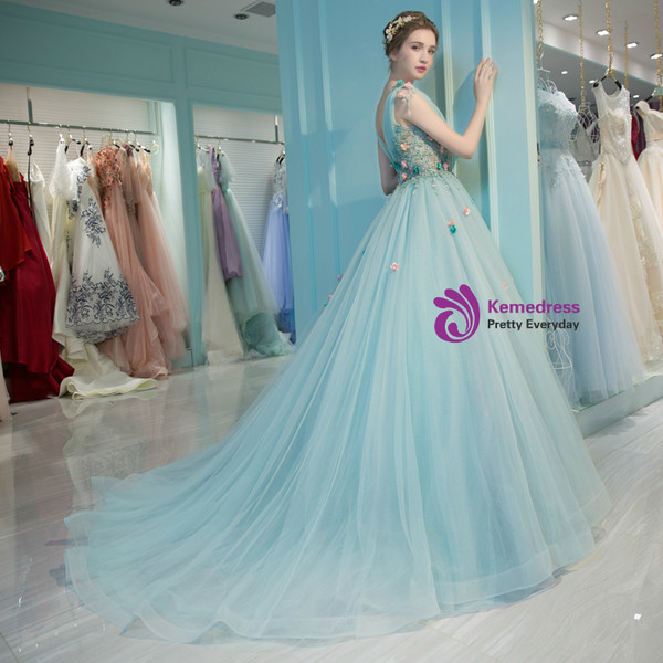 Light Blue Tulle V-neck Backless Appliques Quinceanera Dresses