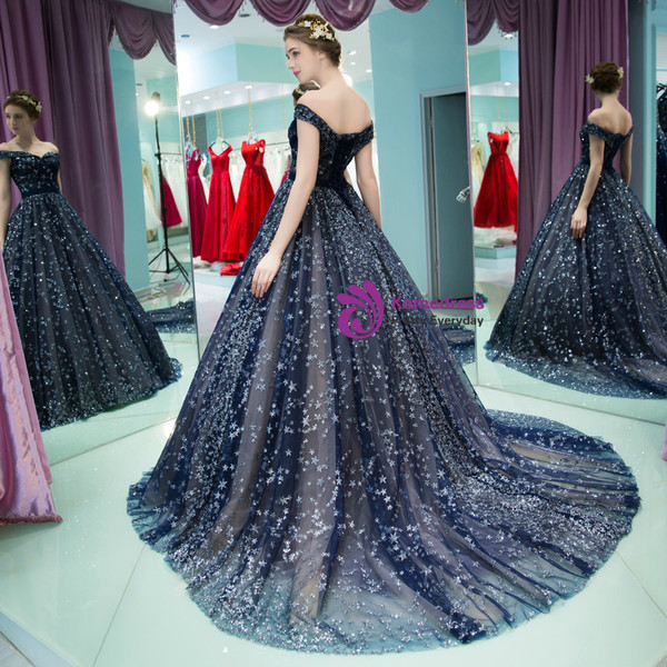 Navy Blue Ball Gown Off The Shoulder Tulle Sequins Quinceanera Dresses