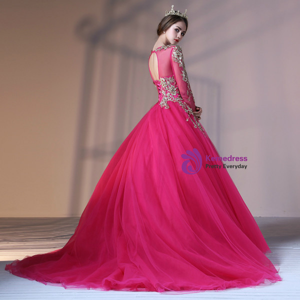 Rose Red Ball Gown Tulle Embroidery Long Sleeve Backless Quinceanera Dresses